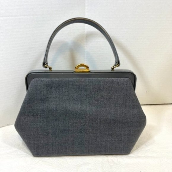 VTG Morris Moskowitz Gray Fabric Patent Handbag w/Coin Purse Handbag 11x 5x7.5" - Picture 1 of 13